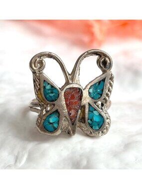 Turquoise & Coral Gemstone Butterfly Sterling Silver 925 Vintage Ring - sz 5